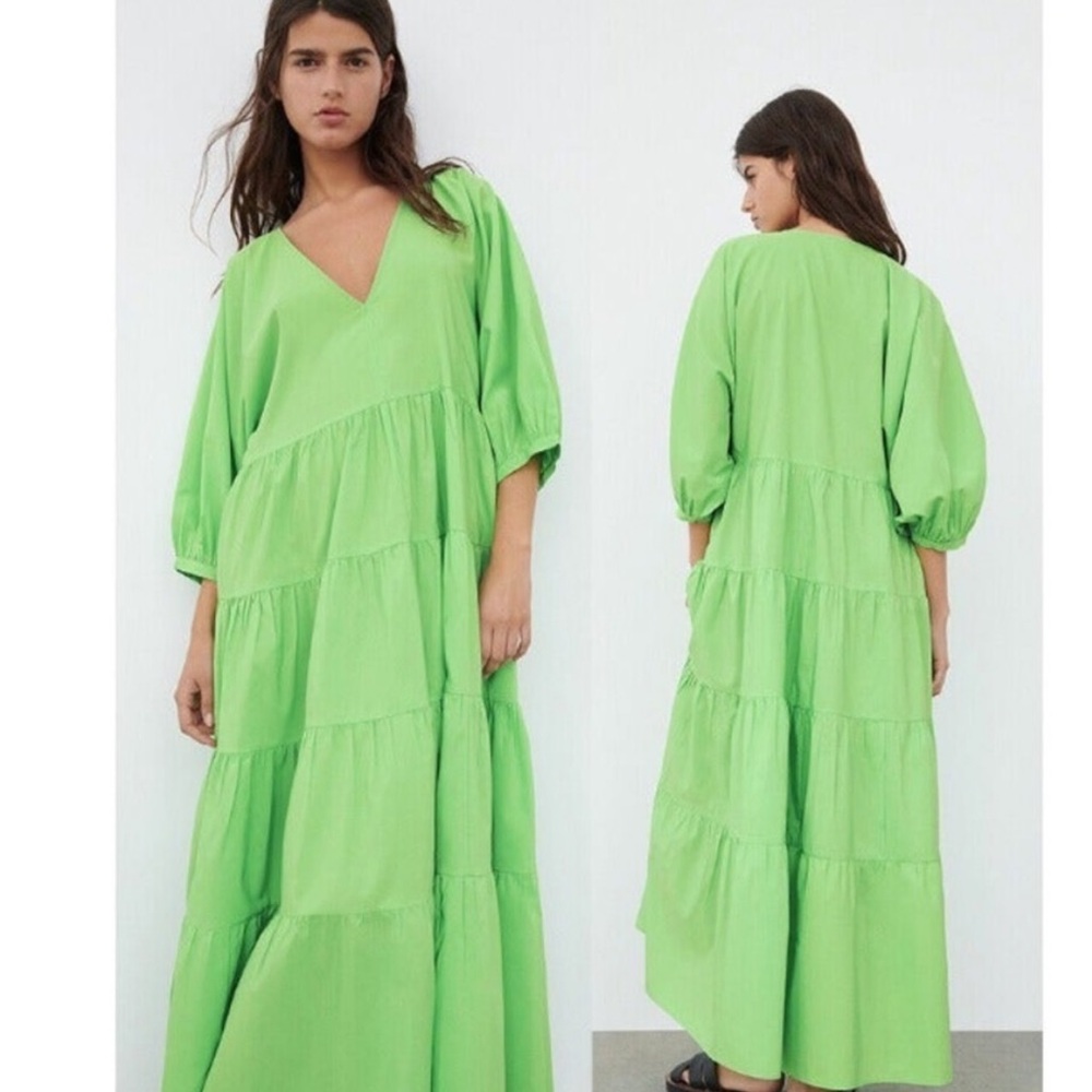 Zara Lime Green V-Neck Poplin Maxi Dress Sz Small